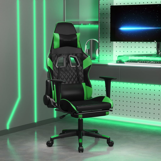 Gaming Chair with Black Plaid and Green Faux Leather Exterior