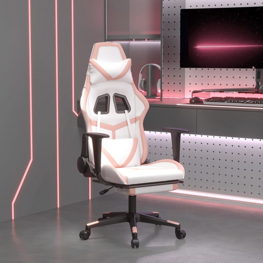 Gaming Chair with White and Pink Faux Leather