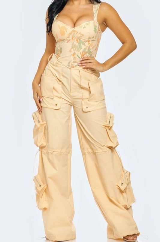 Bloom Floral Creme Chic Corset and Cargo Pants 2 PC Set