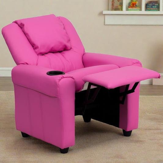 Contemporary Hot Pink Kids Recliner with Cup Holder and Headrest 